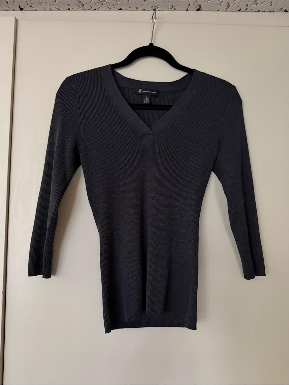 INC International Concepts Charcoal V-Neck Ribbed Long Sleeve Top